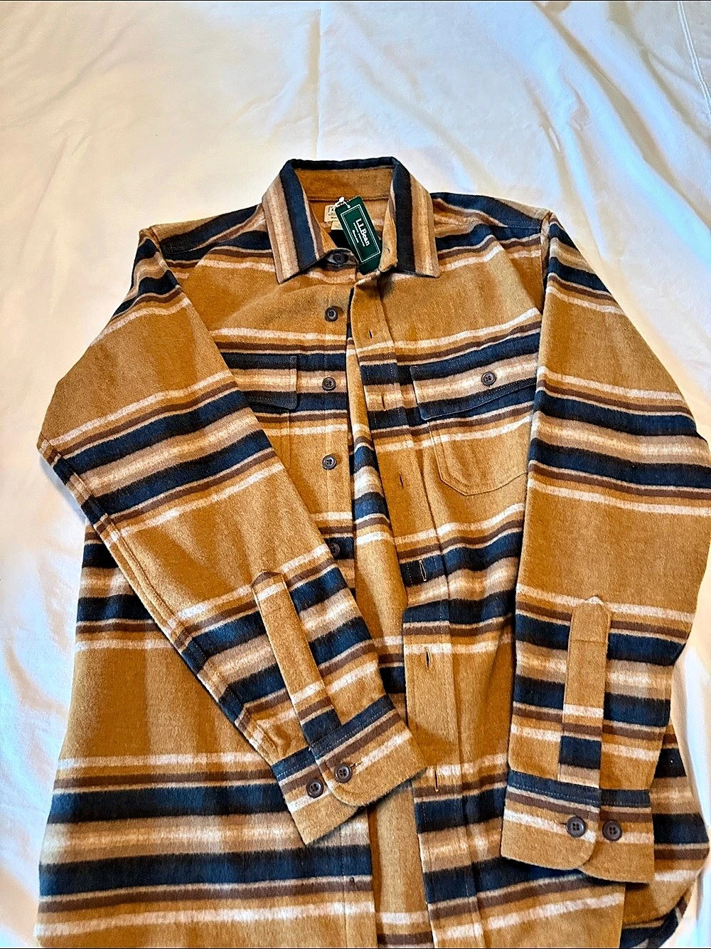 L.L.Bean Chamois Shirt Stripe Striped Cotton Shirt in Brown & Blue Size Small